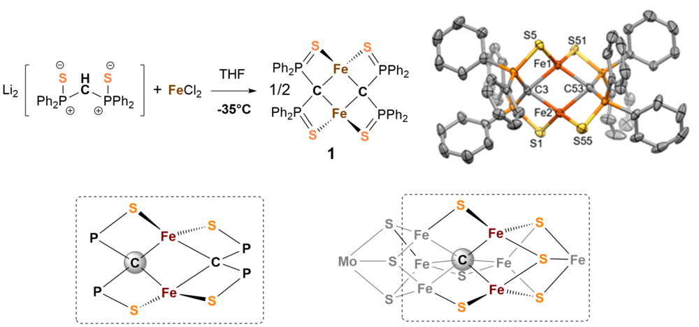 Figure 1. Synthesis and structure of 1 (top); Framework of 1 (bottom left) and FeMoco (bottom right).